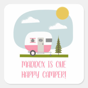 One Happy Camper Pink Trailer Birthday   Square Sticker