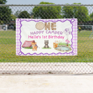 One Happy Camper Purple Watercolor Animal Birthday Banner
