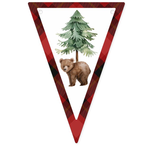 One Happy Camper Red Buffalo Plaid 1st Birthday  Bunting (Tenth Flag)