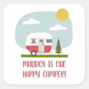 One Happy Camper Red Trailer Birthday Square Sticker