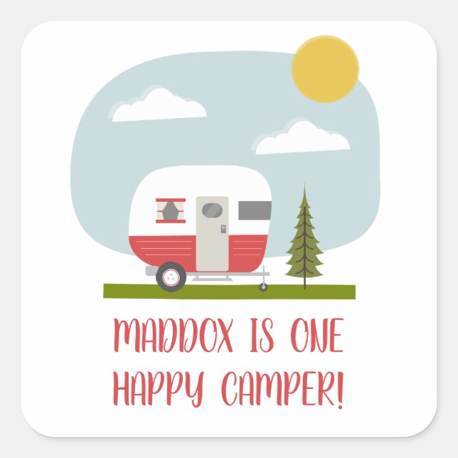 One Happy Camper Red Trailer Birthday Square Sticker (Front)