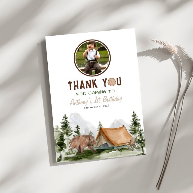 One Happy Camper Rustic Bear Birthday Photo Thank You Card (Creator Uploaded)