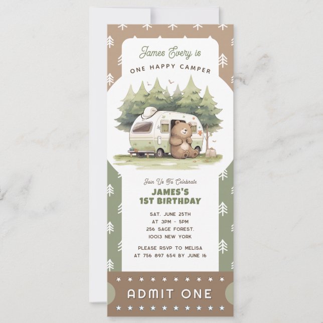 One Happy Camper Ticket Admit One Invitation (Front)