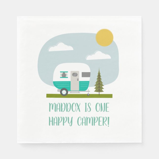 One Happy Camper Turquoise Trailer Birthday Napkin (Front)