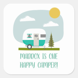 One Happy Camper Turquoise Trailer Birthday Napkin Square Sticker