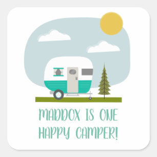 One Happy Camper Turquoise Trailer Birthday Napkin Square Sticker
