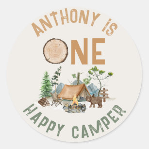 One Happy Camper Watercolor Woodland 1st Birthday  Classic Round Sticker