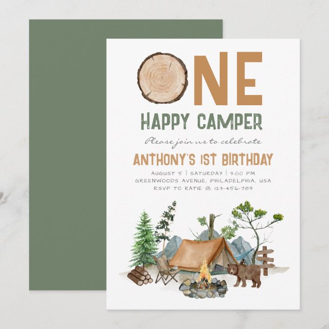 One Happy Camper Watercolor Woodland 1st Birthday Invitation (Front/Back)