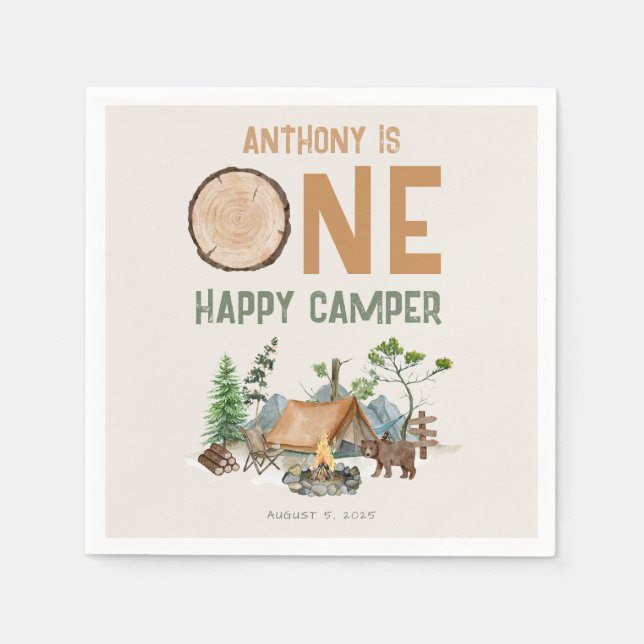 One Happy Camper Watercolor Woodland 1st Birthday  Napkin (Front)