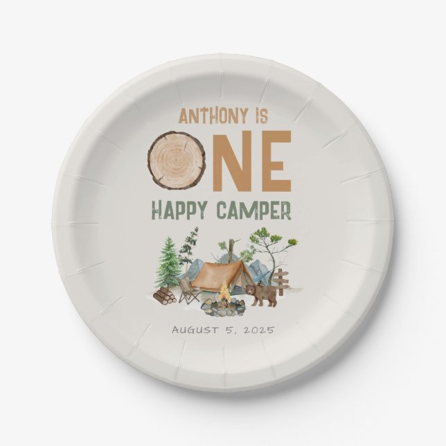 One Happy Camper Watercolor Woodland 1st Birthday Paper Plate (Front)