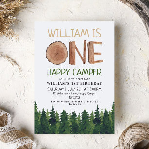 One Happy Camper Wood Boys 1st Birthday  Invitation