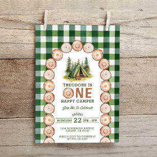 One Happy Camper Wood Slice Arch Green Plaid Invitation