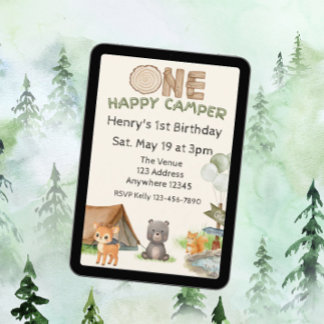 One Happy Camper Wood Watercolor Animal Birthday Invitation