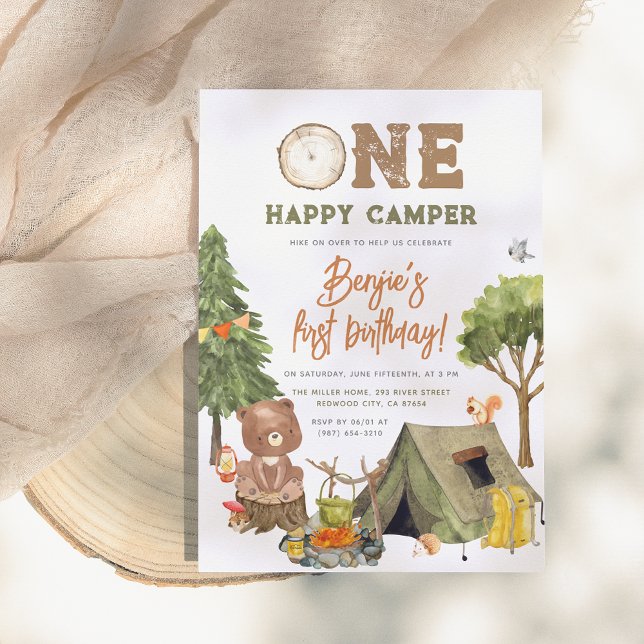 One Happy Camper Woodland Bear Boys 1st Birthday Invitation (Creator Uploaded)