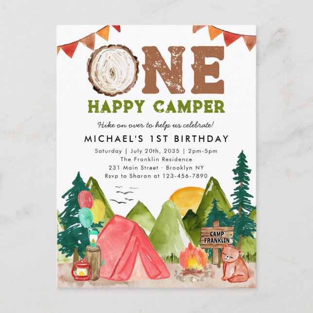 One Happy Camper Woodland Bear Boys 1st Birthday Postcard (Front)