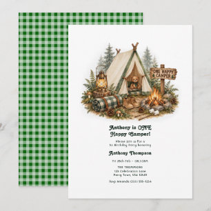 ONE Happy Camper Woodland Camping 1st Birthday Invitation