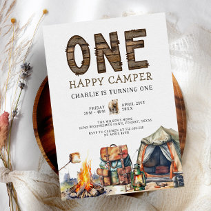 One Happy Camper Woodland Camping 1st Birthday Invitation