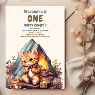 One Happy Camper Woodland Cat 1st Birthday Invitation