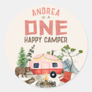 One Happy Camper Woodland Girls 1st Birthday Pink  Classic Round Sticker