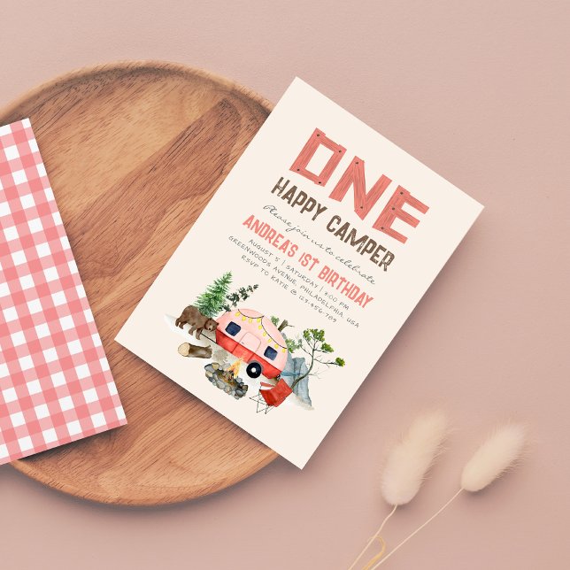 One Happy Camper Woodland Girls 1st Birthday Pink Invitation (Creator Uploaded)