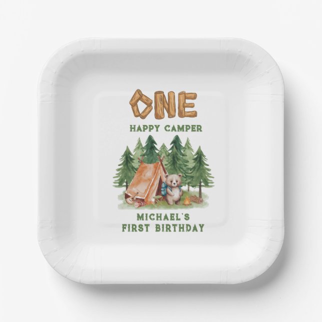 One Happy Camper Woodland Watercolor 1st Birthday Paper Plate (Front)