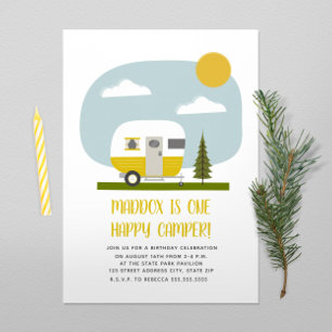 One Happy Camper Yellow Trailer Birthday Invitation