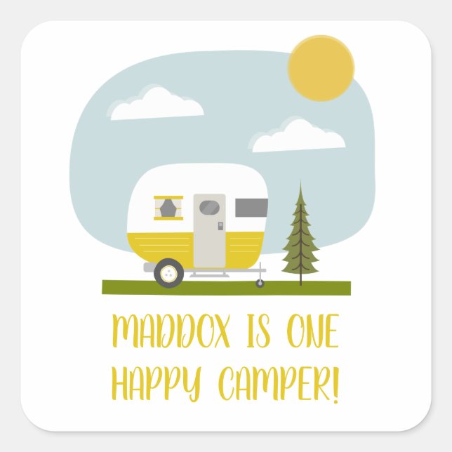 One Happy Camper Yellow Trailer Birthday Square Sticker (Front)