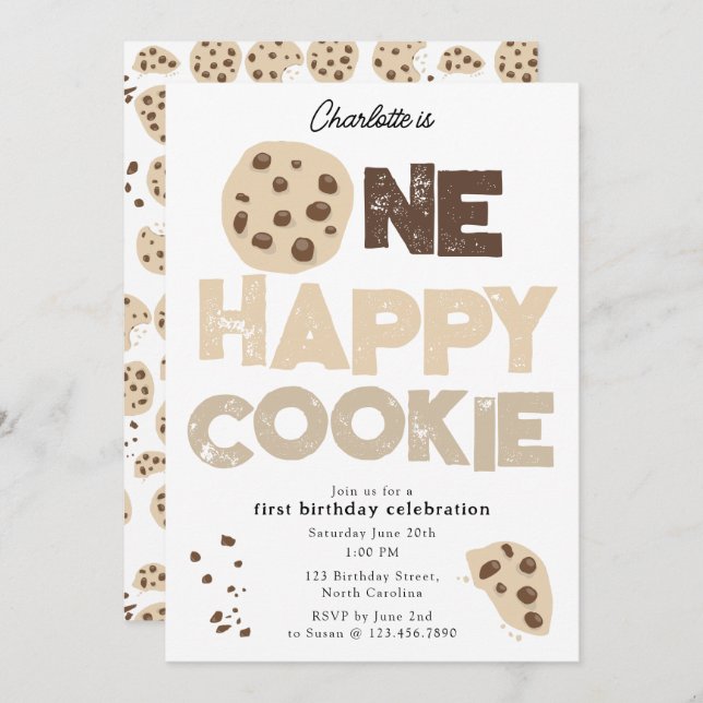 One Happy Cookie Invite 1st  First Birthday Cute (Front/Back)