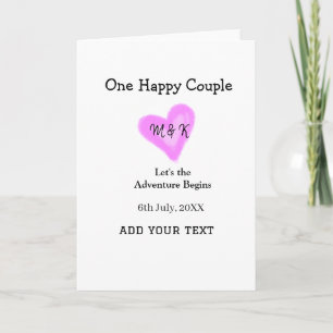 ONE HAPPY COUPLE PINK HEART WEDDING NAME DATE CARD