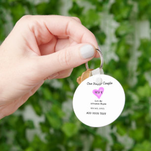 ONE HAPPY COUPLE PINK HEART WEDDING NAME DATE KEY RING
