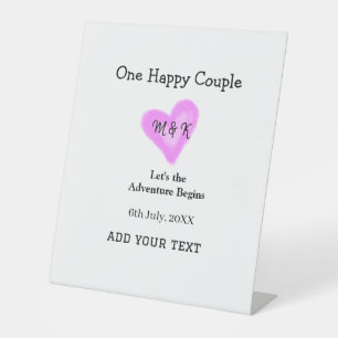 ONE HAPPY COUPLE PINK HEART WEDDING NAME DATE PEDESTAL SIGN