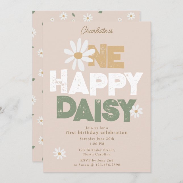 One Happy Daisy Invite 1st  First Birthday Cute (Front/Back)