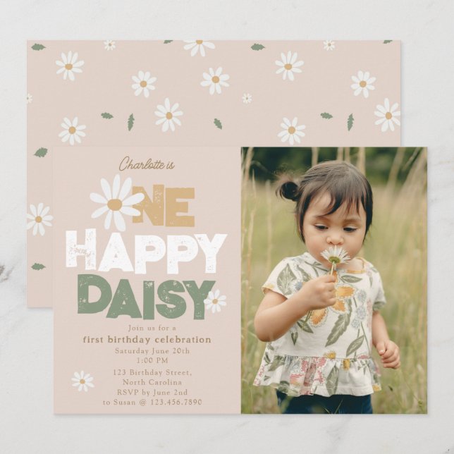 One Happy Daisy Invite 1st  First Birthday Photo (Front/Back)