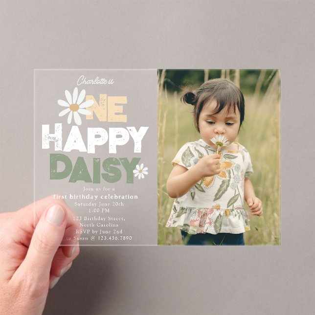 One Happy Daisy Invite 1st  First Birthday Photo Acrylic Invitations (Insitu (Handheld))