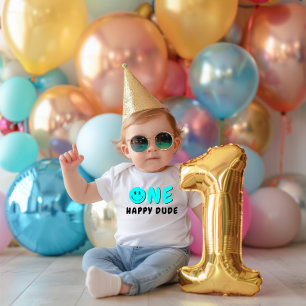 One Happy Dude 1st Birthday Blue Smiley Baby Bodysuit