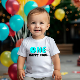 One Happy Dude 1st Birthday Blue Smiley Baby T-Shirt