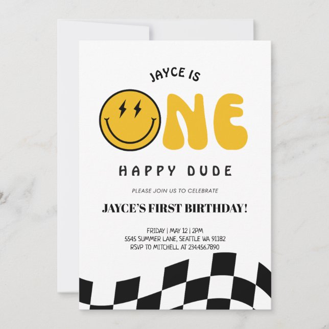 One Happy Dude 1st Birthday Chequered Invitation (Front)