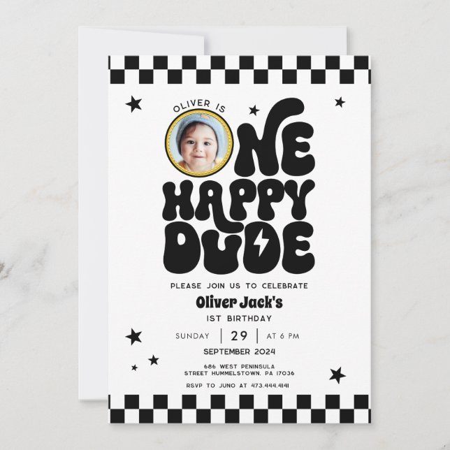 One Happy Dude 1st Birthday Invitation with Photo (Front)
