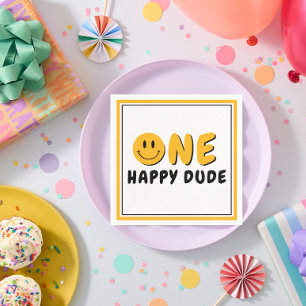 One Happy Dude 1st Birthday Party Orange Smiley Napkin