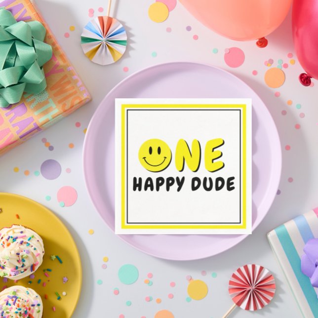 One Happy Dude 1st Birthday Party Yellow Smiley Napkin (Creator Uploaded)