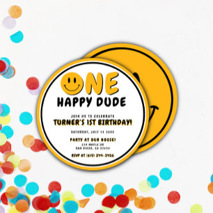 One Happy Dude 1st Birthday Smiley Face Invitation