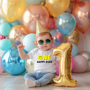 One Happy Dude 1st Birthday Yellow Smiley Baby Bodysuit
