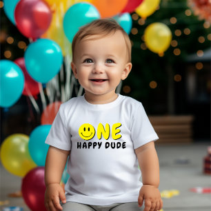 One Happy Dude 1st Birthday Yellow Smiley Baby T-Shirt