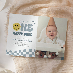 ONE Happy Dude Birthday Party Photo Invitation