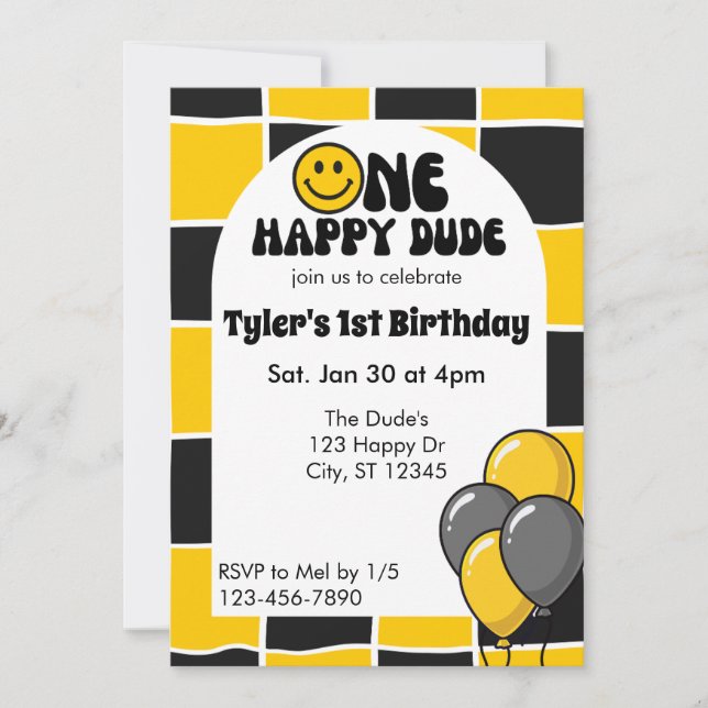 One Happy Dude, Black & Yellow 1st Birthday Invitation (Front)