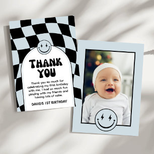 One Happy Dude Blue Check Photo Birthday  Thank You Card