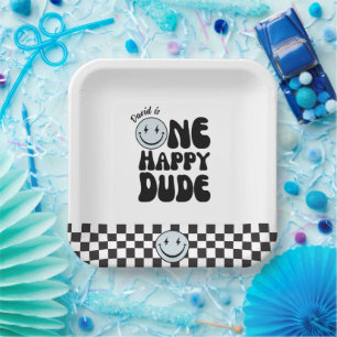 One Happy Dude Blue Happy Face Birthday Paper Plate