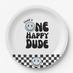 One Happy Dude Blue Happy Face Birthday Paper Plate