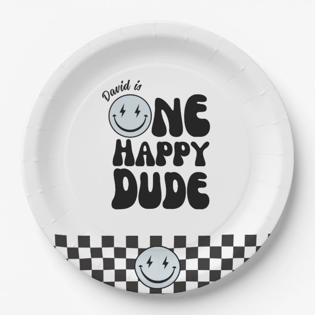 One Happy Dude Blue Happy Face Birthday Paper Plate (Front)
