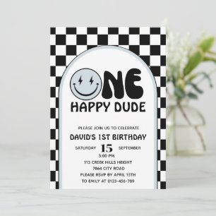 One Happy Dude Blue Happy Face Boy Birthday Invitation